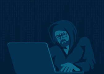 Poster - A hacker with a laptop breaks a computer code. Vector illustration.