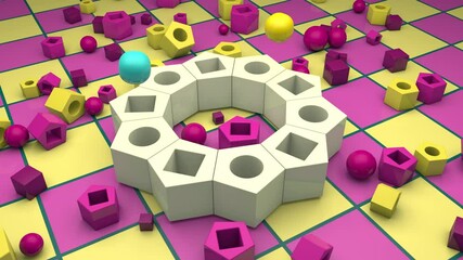 Poster - 3D animation of a complex geometric shape made of pentahedrons with holes in the center. Clubs fly out of the holes and transform into spheres. Abstract 4K animation with continuous playback.