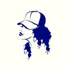 Woman with curly hair and sports hat.Smiling girl with bold makeup.Fashion and beauty salon illustration.Young female portrait isolated on light background.Cute face.