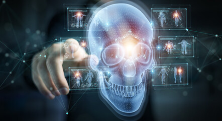 Poster - Man using digital x-ray skull holographic scan projection 3D rendering