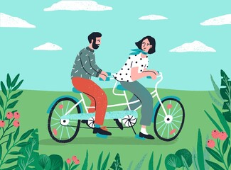 Canvas Print - Cute couple riding on tandem bike at nature landscape vector flat illustration. Enamored man and woman enjoying physical activity on bicycle together. Happy people spending time at outdoor date