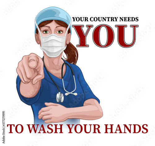 Fotografía A woman nurse or doctor in surgical or hospital scrubs and mask pointing in a your country needs or wants you gesture