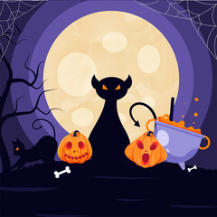 Sticker - Full Moon Blue Background with Cartoon Cats, Jack-O-Lanterns, Spider Web, Bones and Cauldron Pot.