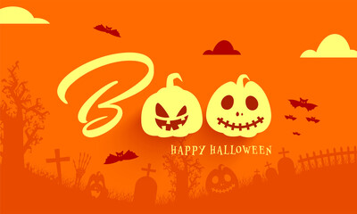 Sticker - Boo Happy Halloween Text with Spooky Pumpkins and Flying Bats on Orange Graveyard Background.