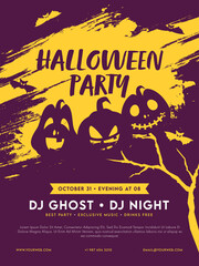 Wall Mural - Halloween Party Invitation or Flyer Design with Jack-O-Lanterns and Yellow Brush Stroke Effect on Purple Background.