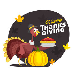 Canvas Print - Illustration of Cartoon Turkey Bird Holding Pie Cake Plate with Pumpkin and Maple leaves Decorated on Black and White Background for Happy Thanksgiving Celebration.