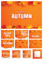Wall Mural - happy autumn fall set invitation and sale paper art style with leaves on orange background.