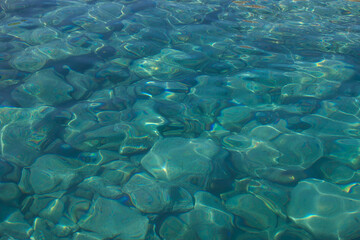 Wall Mural - Large grey rocks in clear flat turquoise blue sea water natural background