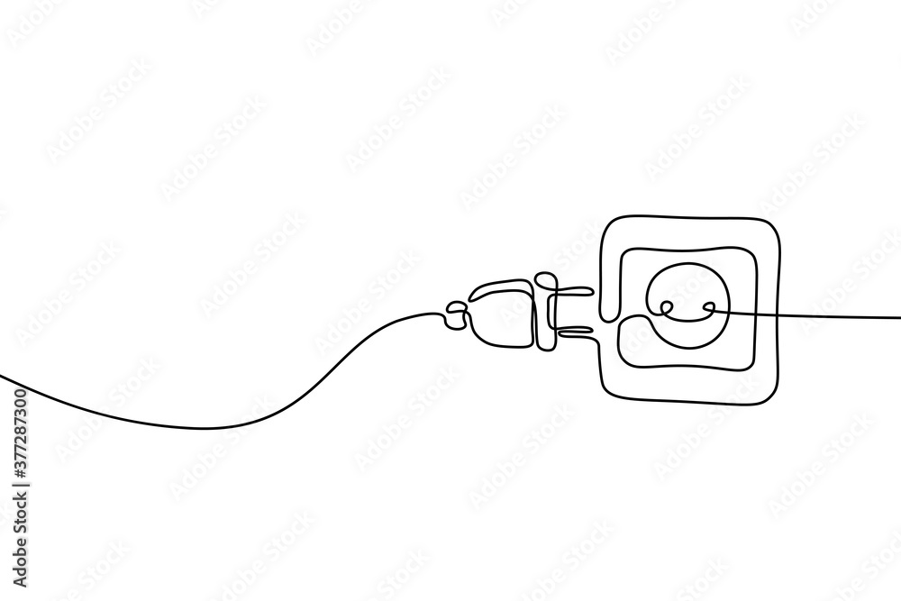 Plug inserting into electric outlet in continuous line art drawing style. Power plug and socket minimalist black linear design isolated on white background. Vector illustration
