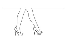 Women Legs On High Heels In Continuous Line Art Drawing Style. Minimalist Black Linear Sketch Isolated On White Background. Vector Illustration
