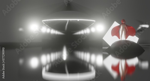 Fotografía 3d illustration of woman in red cape futuristic scifi concept art, humanoid hooded alien mothership abduction
