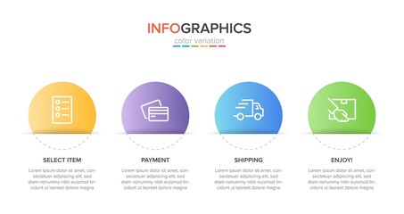 Concept of shopping process with 4 successive steps. Four colorful graphic elements. Timeline design for brochure, presentation, web site. Infographic design layout.