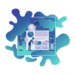 Wall Mural - Social media management and promotion. Small people working team and social network interface - vector concept