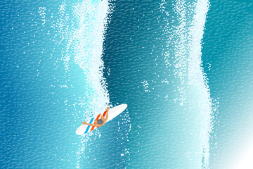 Surfer ride on the waves in the ocean. Top view.