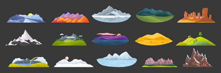 mountains doodle set. collection of cartoon style drawing skteches templates of rocky objects hill t