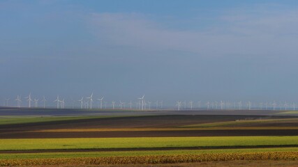 Wind turbines spinning on colored field and blue sky, green energy on beautiful landscape