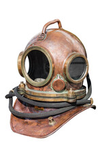 Retro Diver's Helmet Made Of Copper Isolated On A White Background