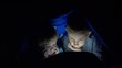 © MEDIAIMAG - Children hold head in hands and look at tablet screen under blanket, bedtime movie, modern lifestyle
