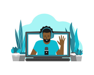 Vector flat concept with laptop and african american man (on screen) at home recording video on webcam. Remote work by bloggers, podcast hosts, teachers using online stream servises in quarantine time