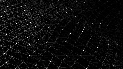 Poster - Black background for presentation. Abstract dynamic wave of many particles and lines. Vector perspective grid. Network or connection. Detailed lines forming an abstract background.