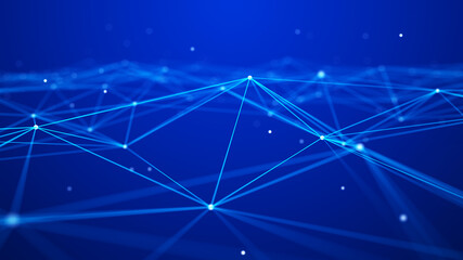 Poster - Network of bright connected dots and lines. Abstract dynamic wave of many points. Digital background. 3D rendering.