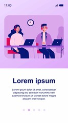 Poster - Smiling call center operators in office flat vector illustration. Cartoon characters with headsets and laptops supporting customers. Company support service and hotline concept