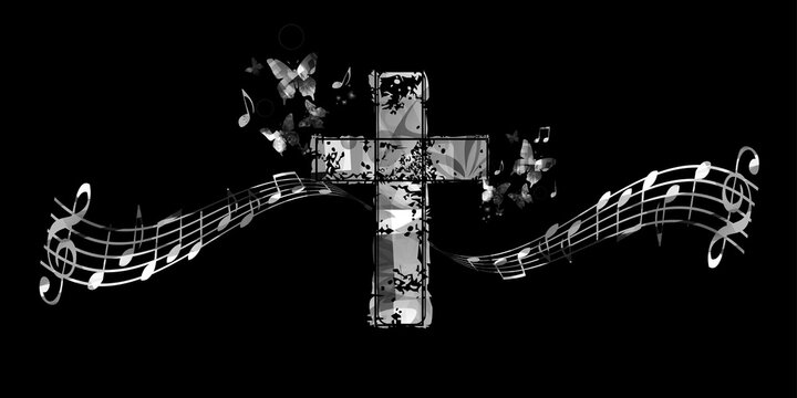 Christian cross with music notes vector illustration. Religion themed background. Design for gospel church music, choir singing, concert, festival, Christianity, prayer