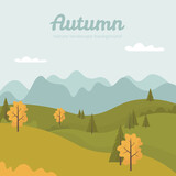 Fototapeta Dinusie - Autumn nature landscape background. Illustraton with field, mountains, trees and plants. Vector flat cartoon