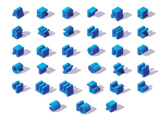 Fototapete - Blue isometric Russian alphabet with shadows.