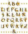 watercolor Alphabet Set. Luxory letters with gold damask curl composition. 