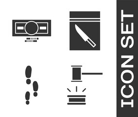 Sticker - Set Judge gavel, Stacks paper money cash, Footsteps and Evidence bag and knife icon. Vector.