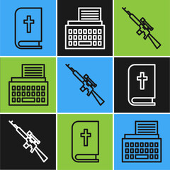 Poster - Set line Holy bible book, Sniper rifle with scope and Retro typewriter icon. Vector.