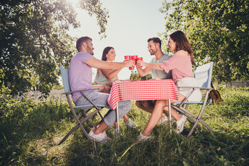 Sticker - Profile side view portrait of four nice attractive cheerful cheery guys group meeting drinking beverage clinking cups eating tasty yummy lunch spending weekend fresh air house backyard