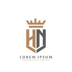 Premium HN Monogram of Two letters H&N. Elegant gold shield initials and crown geometric old retro graphic logo design. alphabet vector elements stock illustration