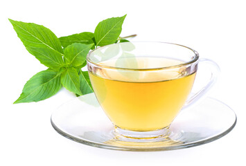 Sweet Basil tea with green basil leaf isolated on white background.