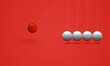 newton's cradle illustration in red background with moved red ball and stable white balls 