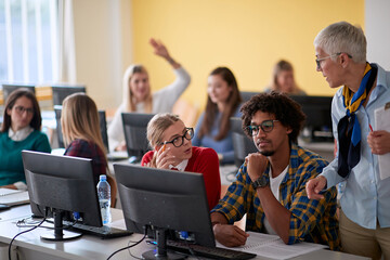 Wall Mural - Female professor answering the student question at an informatics lecture