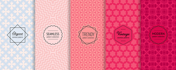 Vector geometric seamless patterns collection. Set of elegant colorful background swatches with modern minimal labels. Cute abstract textures. Blue, pink, red color. Beauty fashion theme design