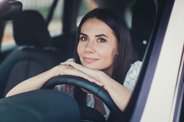 Sticker - Close-up portrait of her she nice attractive lovely brunette pretty cute dreamy minded pensive cheery lady sitting in new car enjoying silence dreaming counting leasing credit loan finance insurance