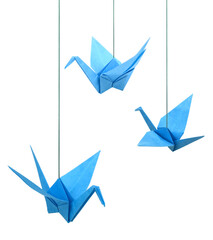 Wall Mural - Origami paper cranes haning isolated white