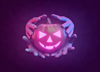 Poster - Scary Halloween pumpkin with hands. simple design for poster and banner. 3d rendering