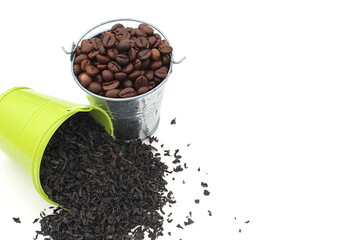 Tea and coffee in buckets on a white background