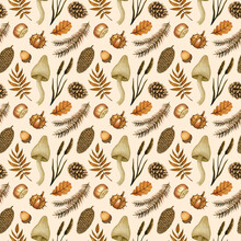 Seamless Pattern With Watercolor Forest Poisonous Mushroom, Fungus, Pine Cones, Leaves, Chestnut, Acorn. Hand Drawn Background For Halloween Design, Autumn Print, Wrapping Paper, Textile, Scrapbooking