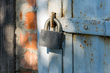 Padlock on the door. Old rusty iron door.