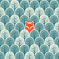 Fox in a forest seamless pattern. Vector design background.