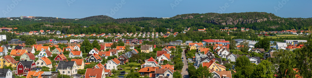 panorama bird's-eye view of a residential neighborhood in a small town in Sweden - obrazy, fototapety, plakaty 