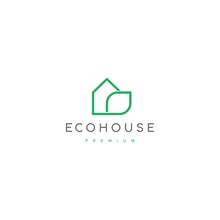 Green House With Leaf Logo. Mono Line Art Concept Of Nature Home Vector Elements Stock Illustration