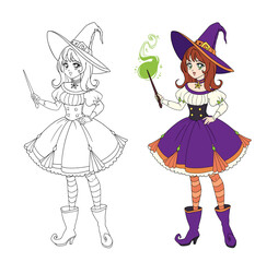 Wall Mural - Beautiful anime witch holding magic wand. Hand drawn vector illustration