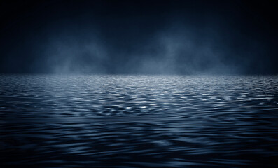 Night sea landscape, light reflection in the water. Empty natural scene, night view. 3D illustration.