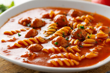 Wall Mural - Italian tomato soup with meatballs and noodles